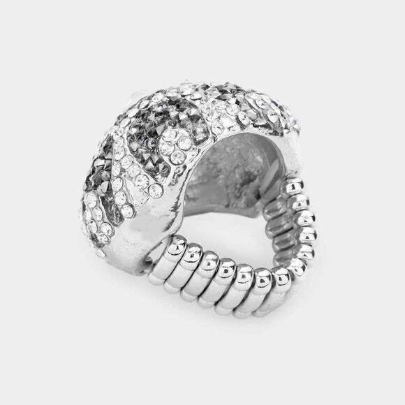 Rhinestone Crystal Cluster Silver Stretch Ring - Picture 2 of 7